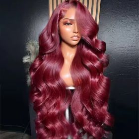 13x6 Human Hair Lace Wig, High-Definition Burgundy Lace Wig, Human Hair With Aligned Cuticle Layer, Indian Hair Wig (Option: Burgundy-14inch)